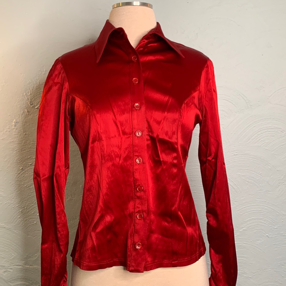 Red Satin stretch button down